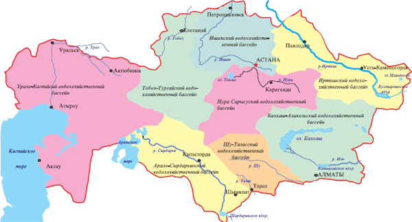карта речных бассейнов Казахстана